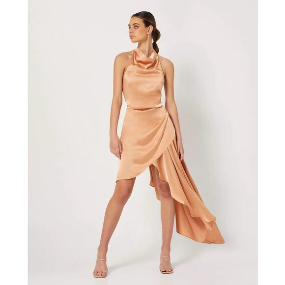 ELLIATT Women Camel Lambent Asymmetrical Halter Satin Dress Size S NEW Cowl Neck - Picture 1 of 10